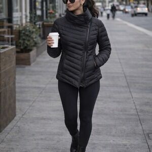 Athleta Black Down Feather Asymmetrical Zip Puffer Jacket Women's M